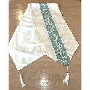 Bella Lux Lined Linen Table Runner Embroidered Cream Green Party Holiday Formal